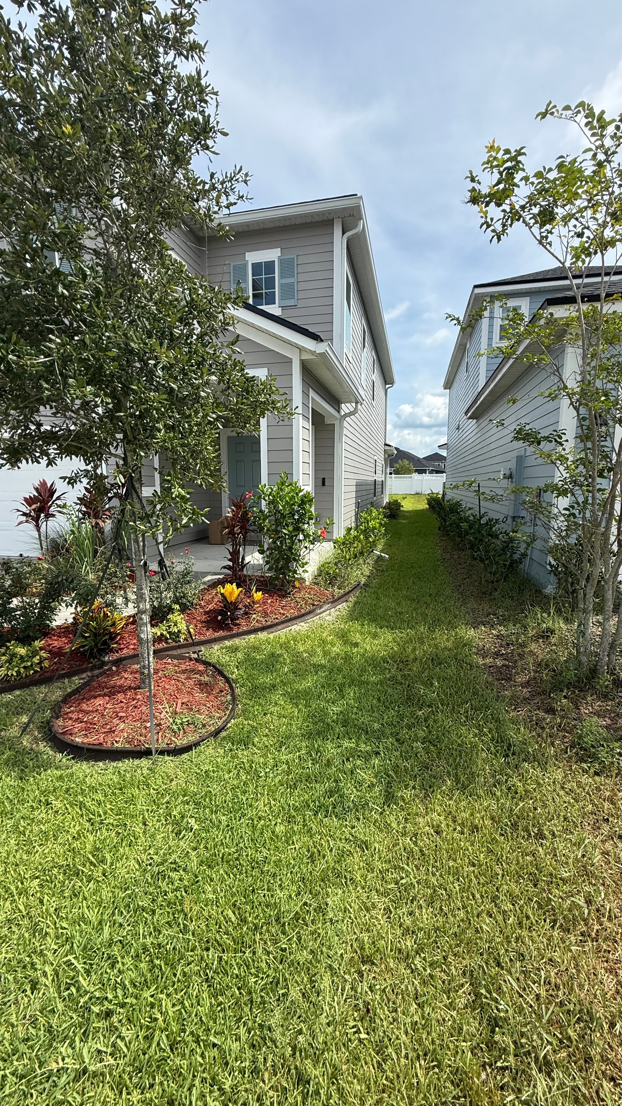 Mulch bed and colorful landscaping in side yard
